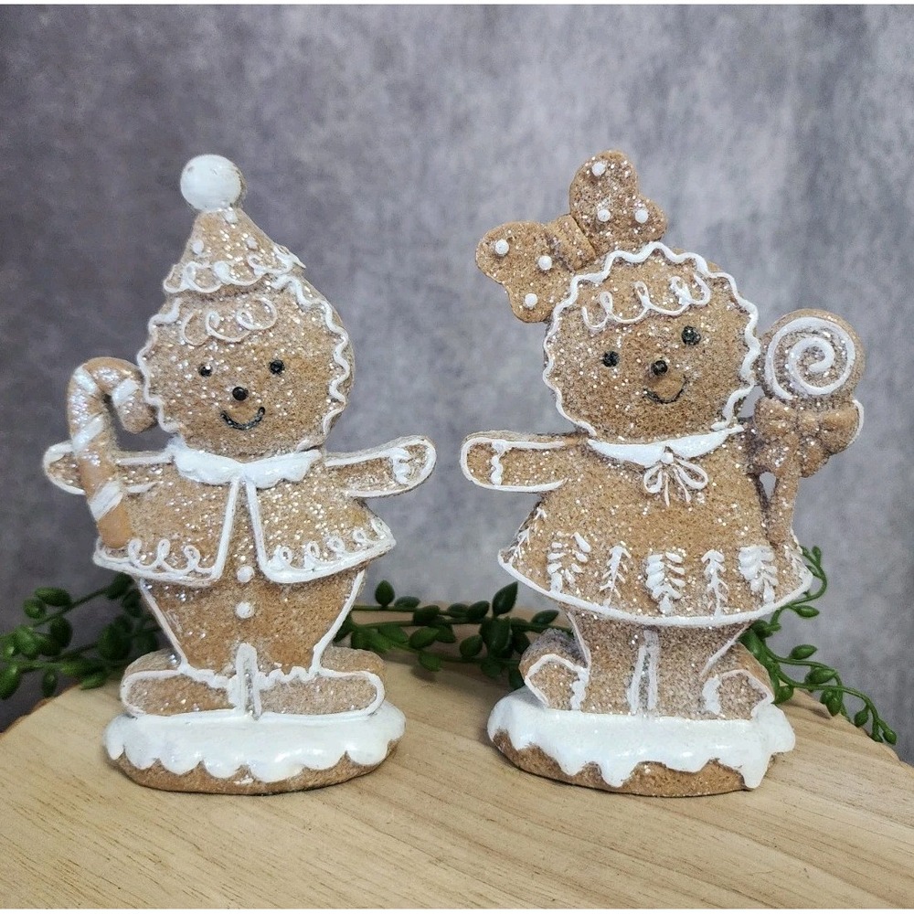 Gingerbread Man Girl Boy Couple Resin Figurines Christmas Tabletop Neutral 6"